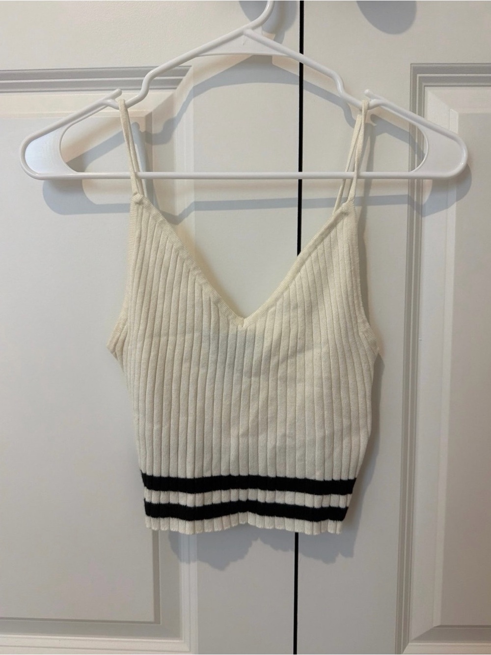 Forever 21 Cream Ribbed V-Neck Crop Tank with Black Stripes